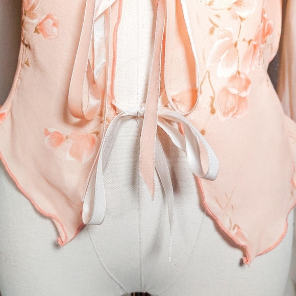 Vintage 1970s Lace Up Tie Front Sheer Flowy Coral Asymmetrical Fairy Blouse - Picture 3 of 7